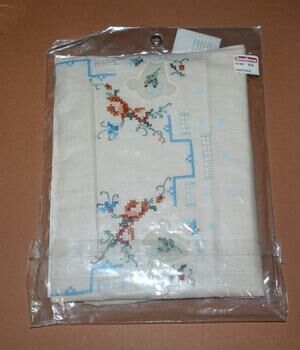 Vtg. Keeco Bouquet Sampler Hand Cross Stitch & Crochet Lace 36" Round New Cotton